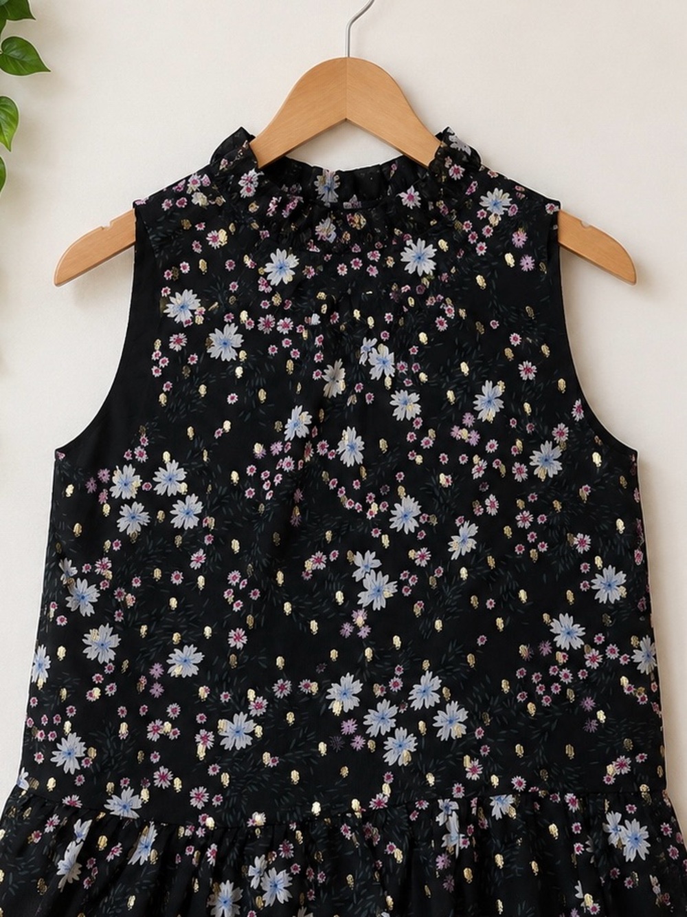 LOFT Black Floral Top with Pink and White Blooms & Gold Foil